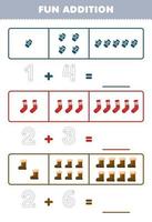 Education game for children fun addition by counting and tracing the number of cute cartoon mitten sock boot printable winter worksheet vector