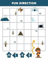 Education game for children fun direction help boy with snowboard move according to the numbers on the arrows printable winter worksheet