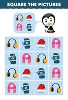 Education game for children help cute cartoon penguin square the correct wearable set picture printable winter worksheet vector