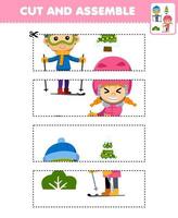 Education game for children cutting practice and assemble puzzle with cute cartoon boy and girl playing ski printable winter worksheet vector