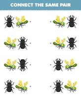 juego educativo para niños conecta la misma imagen de un lindo escarabajo de dibujos animados y una hoja de trabajo imprimible de un par de libélulas vector