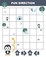 Education game for children fun direction help penguin move according to the numbers on the arrows printable winter worksheet vector