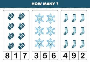 Education game for children counting how many cute cartoon mitten snowflake sock printable winter worksheet vector