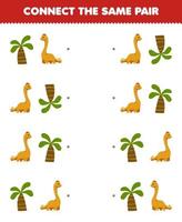 Education game for children connect the same picture of cute cartoon tree and brontosaurus pair printable prehistoric dinosaur worksheet vector