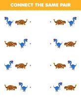 Education game for children connect the same picture of cute cartoon oviraptor and ankylosaurus pair printable prehistoric dinosaur worksheet vector