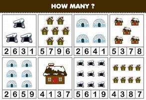 Education game for children counting how many objects in each table of cute cartoon den igloo and house printable winter worksheet vector