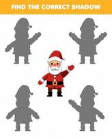 Education game for children find the correct shadow set of cute cartoon santa printable winter worksheet vector