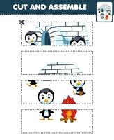 Education game for children cutting practice and assemble puzzle with cute cartoon penguin and bonfire in front of igloo printable winter worksheet vector