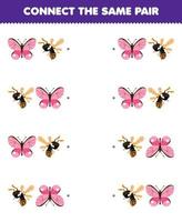 Education game for children connect the same picture of cute cartoon butterfly and bee pair printable bug worksheet vector