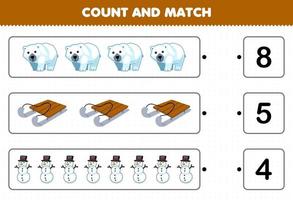 Education game for children count the number of cute cartoon polar bear sled snowman and match with the right numbers printable winter worksheet vector
