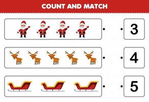 Education game for children count the number of cute cartoon santa deer sled and match with the right numbers printable winter worksheet vector