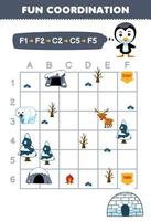 Education game for children draw the way according to the coordinates to help the penguin move to the igloo printable winter worksheet vector