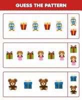 Education game for children guess the pattern each row from cute cartoon robot gift box doll teddy bear toy printable winter worksheet vector