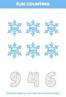Education game for children count the pictures and color the correct number from cute cartoon snowflake printable winter worksheet vector