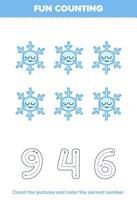 Education game for children count the pictures and color the correct number from cute cartoon snowflake printable winter worksheet vector