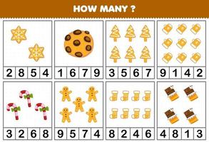 Education game for children counting how many objects in each table of cute cartoon gingerbread cookie candy chocolate printable winter worksheet vector