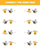 juego educativo para niños conecta la misma imagen de la linda abeja de dibujos animados y la hoja de trabajo de la granja imprimible del par de colmenas vector