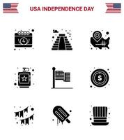 USA Happy Independence DayPictogram Set of 9 Simple Solid Glyphs of liquid flask map drink location pin Editable USA Day Vector Design Elements