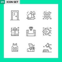 paquete de conjunto de iconos de estilo de 9 líneas. símbolos de contorno para imprimir. signos creativos aislados sobre fondo blanco. 9 conjunto de iconos. vector