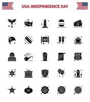 25 signos de glifo sólido para el día de la independencia de EE. UU. Dinero EE. UU. Monumento Hamburguesa americana Elementos de diseño vectorial editables del día de EE. UU. vector