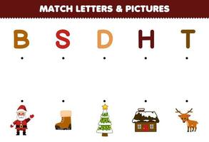 Education game for children match letters and pictures of cute cartoon santa boot tree house deer printable winter worksheet vector