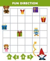 juego educativo para niños dirección divertida ayudar a gnomo a moverse de acuerdo con los números en las flechas hoja de trabajo de invierno imprimible vector