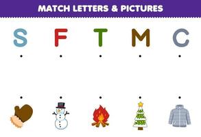 juego educativo para niños unir letras e imágenes de lindos dibujos animados manopla muñeco de nieve fuego árbol abrigo imprimible hoja de trabajo de invierno vector