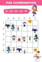 Education game for children draw the way according to the coordinates to help girl playing ice skating move to the snowman printable winter worksheet vector