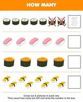 Education game for children count how many cartoon sushi and write the number in the box printable japanese food worksheet vector