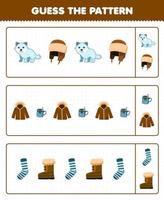 juego educativo para niños adivinar el patrón de cada fila de dibujos animados lindo zorro ártico sombrero chaqueta calcetín bota hoja de trabajo de invierno imprimible vector