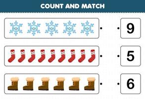 juego educativo para niños cuente el número de calcetín de copo de nieve de dibujos animados lindo y haga coincidir con los números correctos hoja de trabajo de invierno imprimible vector