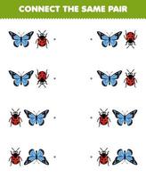 Education game for children connect the same picture of cute cartoon butterfly and ladybug pair printable bug worksheet vector