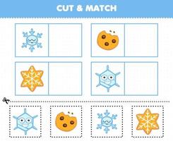 juego educativo para niños corta y combina la misma imagen de un lindo copo de nieve de dibujos animados y una hoja de trabajo de invierno imprimible de galletas vector