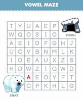 juego educativo para niños laberinto de vocales ayuda lindo oso polar de dibujos animados mover a la guarida hoja de trabajo de invierno imprimible vector