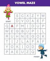 Education game for children vowel maze help cute cartoon girl playing ice skating move to boy printable winter worksheet vector