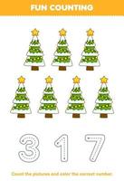 Education game for children count the pictures and color the correct number from cute cartoon christmas tree printable winter worksheet vector