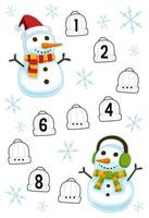 Education game for complete the sequence of number with cute cartoon snowman picture printable winter worksheet vector