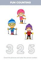 Education game for children count the pictures and color the correct number from cute cartoon boy and girl playing ski printable winter worksheet