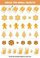 Education game for children circle the smallest object in each row of cute cartoon gingerbread cookie printable winter worksheet vector