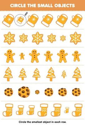 Education game for children circle the smallest object in each row of cute cartoon gingerbread cookie printable winter worksheet