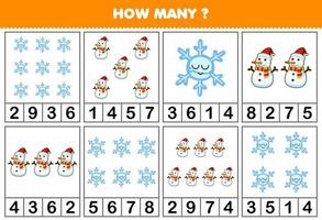 Education game for children counting how many objects in each table of cute cartoon snowflake and snowman printable winter worksheet vector