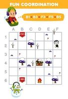 Education game for children draw the way according to the coordinates to help the boy playing sled to the snowman printable winter worksheet vector