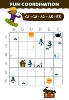 Education game for children draw the way according to the coordinates to help the boy playing snowboard to the house printable winter worksheet vector