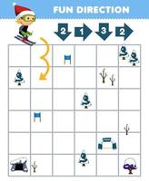 Education game for children fun direction help boy playing ski move according to the numbers on the arrows printable winter worksheet vector