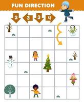 Education game for children fun direction help boy playing ice skating move according to the numbers on the arrows printable winter worksheet