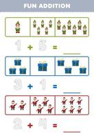 Education game for children fun addition by counting and tracing the number of cute cartoon gnome gift box santa printable winter worksheet vector