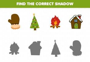 Education game for children find the correct shadow set of cute cartoon mitten christmas tree bonfire house printable winter worksheet vector