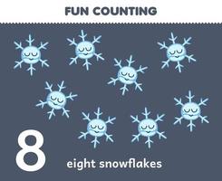 Education game for children fun counting eight snowflakes printable winter worksheet vector