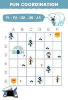 Education game for children draw the way according to the coordinates to help the polar bear move to the den printable winter worksheet vector