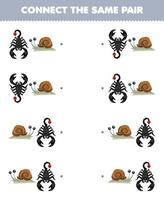 Education game for children connect the same picture of cute cartoon scorpion and snail pair printable bug worksheet vector